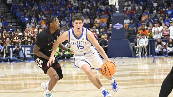 Mar 15, 2024; Nashville, TN, USA; Kentucky Wildcats guard Reed Sheppard (15) drives down the lane against the Texas A&M Aggies during the second half at Bridgestone Arena. Mandatory Credit: Steve Roberts-USA TODAY Sports