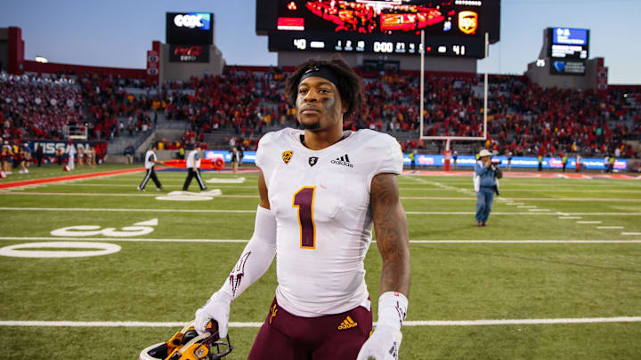 Nov 24, 2018; Tucson, AZ, USA; Arizona State Sun Devils wide receiver N'Keal Harry (1) after defeating the Arizona Wildcats during the Territorial Cup at Arizona Stadium. Mandatory Credit: Mark J. Rebilas-Imagn Images