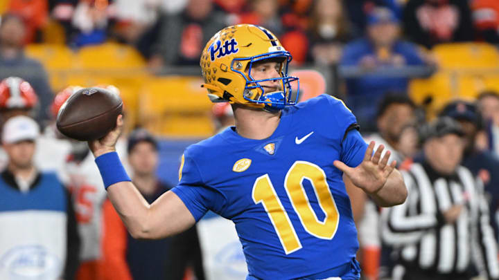 Oct 24, 2024; Pittsburgh, Pennsylvania, USA; Pittsburgh Panthers quarterback Eli Holstein (10) throws a pass during the first quarter against the Syracuse Orange at Acrisure Stadium. Mandatory Credit: Barry Reeger-Imagn Images