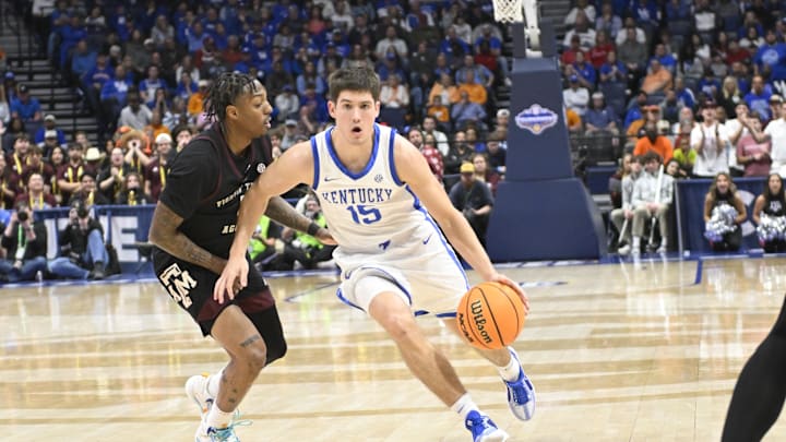 Mar 15, 2024; Nashville, TN, USA; Kentucky Wildcats guard Reed Sheppard (15) drives down the lane against the Texas A&M Aggies during the second half at Bridgestone Arena. Mandatory Credit: Steve Roberts-USA TODAY Sports