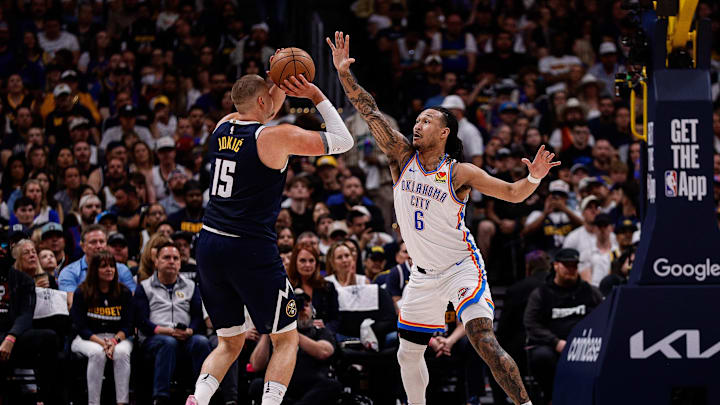 May 11, 2025; Denver, Colorado, USA; Denver Nuggets center Nikola Jokic (15) attempts a shot under pressure from Oklahoma City Thunder forward Jaylin Williams (6) in the second quarter during game four of the second round of the 2025 NBA Playoffs at Ball Arena. Mandatory Credit: Isaiah J. Downing-Imagn Images May 11, 2025; Denver, Colorado, USA; Denver Nuggets center Nikola Jokic (15) attempts a shot under pressure from Oklahoma City Thunder forward Jaylin Williams (6) in the second quarter during game four of the second round of the 2025 NBA Playoffs at Ball Arena. Mandatory Credit: Isaiah J. Downing-Imagn Images