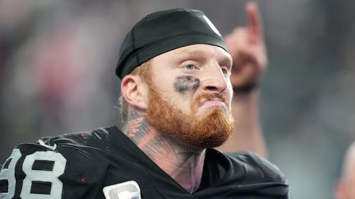 Dec 18, 2022; Paradise, Nevada, USA; Las Vegas Raiders defensive end Maxx Crosby (98) walks off the field after the Raiders defeated the New England Patriots 30-24 at Allegiant Stadium. Mandatory Credit: Stephen R. Sylvanie-Imagn Images