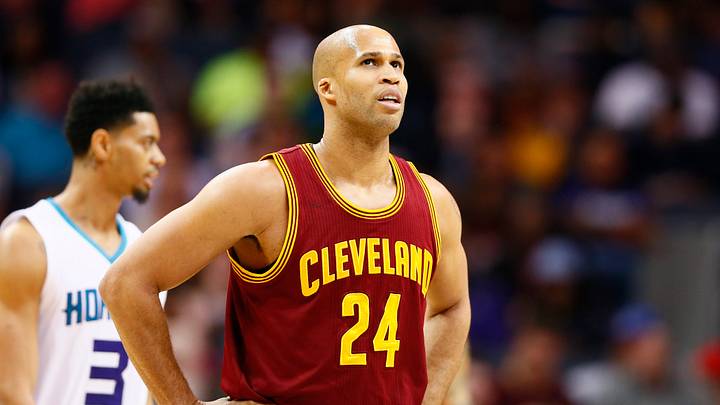 Mar 24, 2017; Charlotte, NC, USA; Cleveland Cavaliers forward Richard Jefferson (24) watches a replay after getting called for a foul in the first half against the Charlotte Hornets at Spectrum Center. Mandatory Credit: Jeremy Brevard-USA TODAY Sports