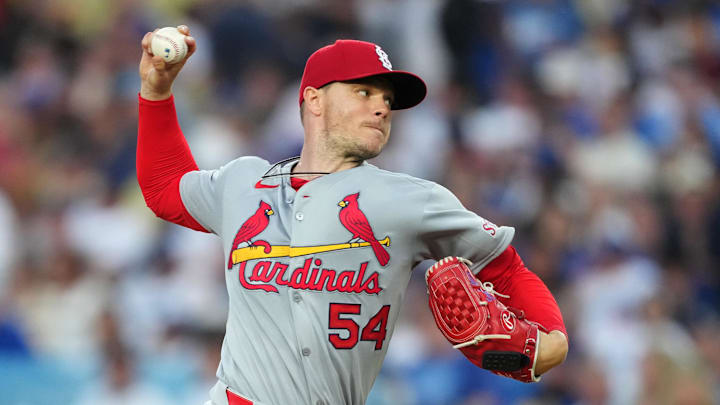 Aug 4, 2025; Los Angeles, California, USA; St. Louis Cardinals pitcher Sonny Gray (54) throws during the second inning against the Los Angeles Dodgers at Dodger Stadium. Mandatory Credit: Kirby Lee-Imagn Images