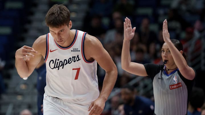 Mar 19, 2026; New Orleans, Louisiana, USA; LA Clippers guard Bogdan Bogdanovic (7) reacts after a three point basket during the first half against the New Orleans Pelicans at Smoothie King Center. Mandatory Credit: Matthew Hinton-Imagn Images Mar 19, 2026; New Orleans, Louisiana, USA; LA Clippers guard Bogdan Bogdanovic (7) reacts after a three point basket during the first half against the New Orleans Pelicans at Smoothie King Center. Mandatory Credit: Matthew Hinton-Imagn Images