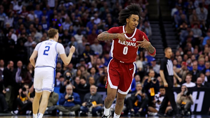 Mar 29, 2025; Newark, NJ, USA; Alabama Crimson Tide guard Labaron Philon (0) celebrates after a play during the first half against the Duke Blue Devils in the East Regional final of the 2025 NCAA tournament at Prudential Center. Mandatory Credit: Vincent Carchietta-Imagn Images