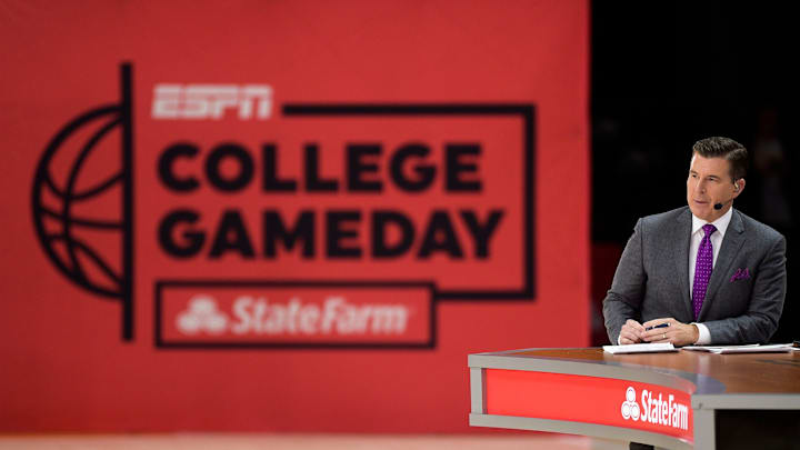 Rece Davis speaks during ESPN's 'College GameDay' broadcast ahead of No. 4 Tennessee's basketball game against No. 10 Texas at Thompson-Boling Arena in Knoxville, Tenn., on Saturday, Jan. 28, 2023.

Kns Ut Basketball College Gameday