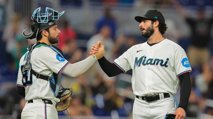 Miami Marlins pitcher Andrew Nardi celebrates with catcher Joe Mack Miami Marlins pitcher Andrew Nardi celebrates with catcher Joe Mack
