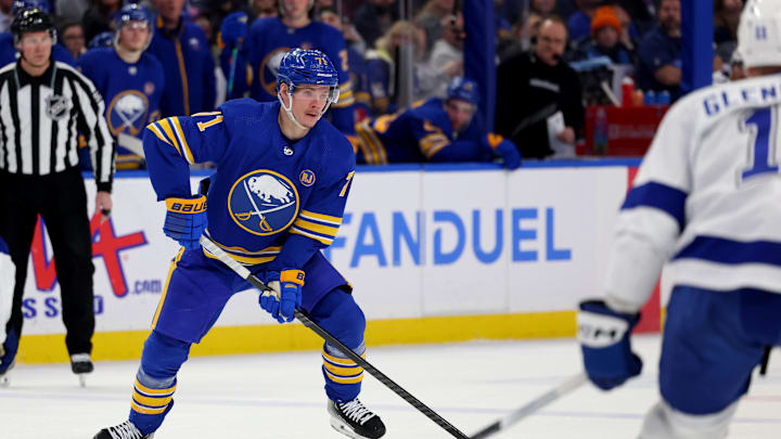 Jan 20, 2024; Buffalo, New York, USA;  Buffalo Sabres left wing Victor Olofsson (71) looks to make a