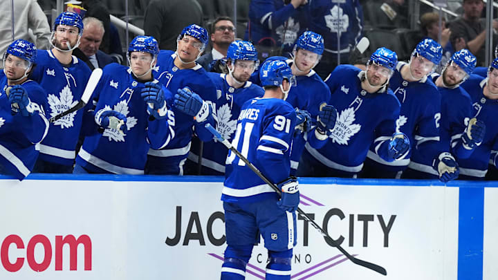 Oct 18, 2025; Toronto, Ontario, CAN; Toronto Maple Leafs center John Tavares (91) celebrates after scoring a goal against the Seattle Kraken during the third period at Scotiabank Arena. Mandatory Credit: Nick Turchiaro-Imagn Images
