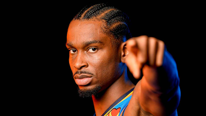 Shai Gilgeous-Alexander is pictured during the Thunder media day at the Paycom Center in Oklahoma City, on Monday, Sept. 30, 2024.