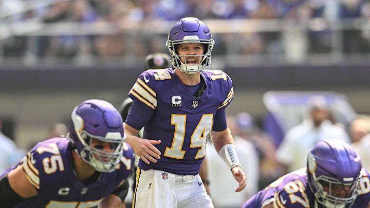 Sep 22, 2024; Minneapolis, Minnesota, USA; Minnesota Vikings quarterback Sam Darnold (14) in action against the Houston Texans during the game at U.S. Bank Stadium. Mandatory Credit: Jeffrey Becker-Imagn Images Sep 22, 2024; Minneapolis, Minnesota, USA; Minnesota Vikings quarterback Sam Darnold (14) in action against the Houston Texans during the game at U.S. Bank Stadium. Mandatory Credit: Jeffrey Becker-Imagn Images