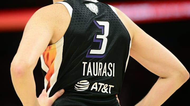 Oct 10, 2021; Phoenix, Arizona, USA; The details of the jersey of Phoenix Mercury guard Diana Taurasi (3) during the first half of game one of the 2021 WNBA Finals against the Chicago Sky at Footprint Center. Mandatory Credit: Joe Camporeale-Imagn Images Oct 10, 2021; Phoenix, Arizona, USA; The details of the jersey of Phoenix Mercury guard Diana Taurasi (3) during the first half of game one of the 2021 WNBA Finals against the Chicago Sky at Footprint Center. Mandatory Credit: Joe Camporeale-Imagn Images