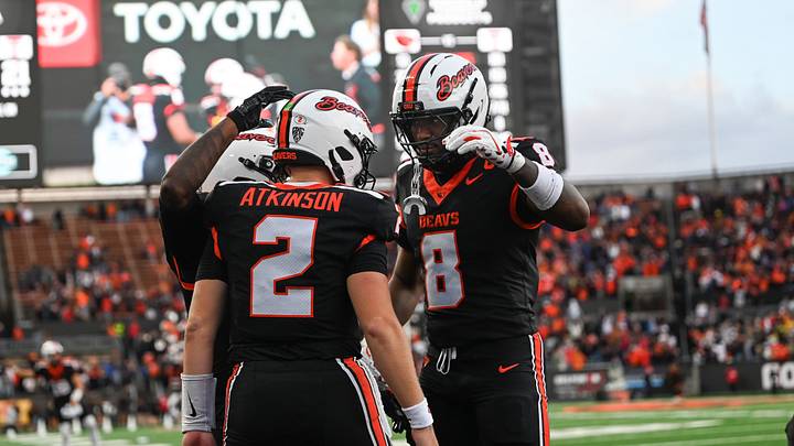 Sep 12, 2026; Corvallis, Oregon, USA; Oregon State quarterback Braden Atkinson (2), wide receiver Aeryn Hampton (7) and tight end DeCorion Temple (8) celebrate a touchdown against Texas Tech in the third quarter at Reser Stadium. Mandatory Credit: Kallie Hansel-Tennes-Imagn Images