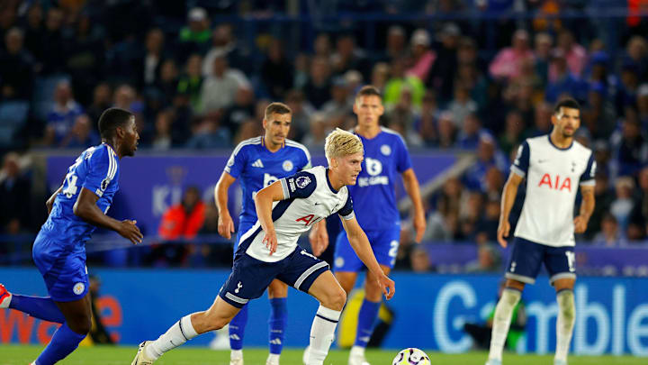 Lucas Bergvall in action during his lively cameo - Leicester City FC v Tottenham Hotspur FC - Premier League