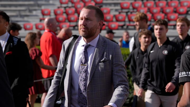 Georgia Defensive Glenn Schumann arrives before the start of a NCAA college football game against Kentucky in Athens, Ga., on Saturday, October 4, 2025. Georgia Defensive Glenn Schumann arrives before the start of a NCAA college football game against Kentucky in Athens, Ga., on Saturday, October 4, 2025.