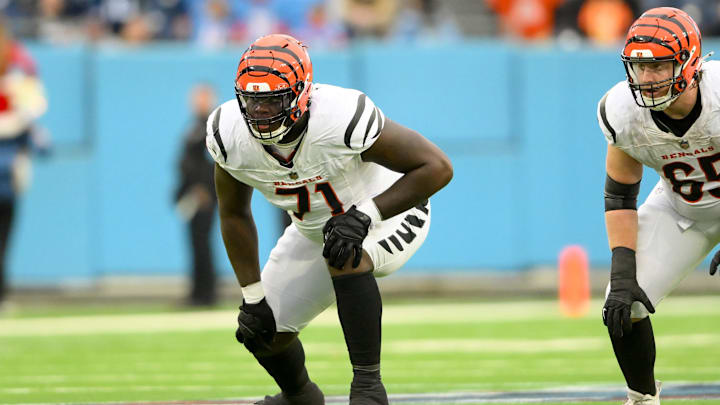 Dec 15, 2024; Nashville, Tennessee, USA;  Cincinnati Bengals offensive tackle Amarius Mims (71) in his stance against the Tennessee Titans during the first half at Nissan Stadium. Mandatory Credit: Steve Roberts-Imagn Images