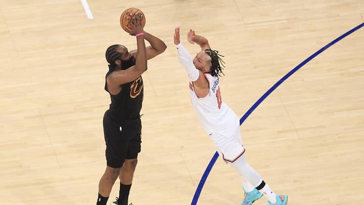 May 19, 2026; New York, New York, USA; Cleveland Cavaliers guard James Harden (1) shoots against New York Knicks guard Jalen Brunson (11) during overtime of game one of the eastern conference finals for the 2026 NBA playoffs at Madison Square Garden. Mandatory Credit: Vincent Carchietta-Imagn Images May 19, 2026; New York, New York, USA; Cleveland Cavaliers guard James Harden (1) shoots against New York Knicks guard Jalen Brunson (11) during overtime of game one of the eastern conference finals for the 2026 NBA playoffs at Madison Square Garden. Mandatory Credit: Vincent Carchietta-Imagn Images