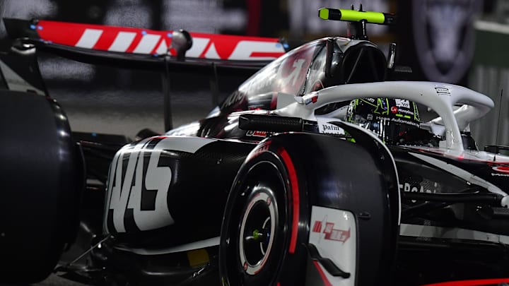 Nov 22, 2024; Las Vegas, Nevada, USA; Haas F1 driver Nico Hulkenberg (27) during qualifying at Las Vegas Circuit. Mandatory Credit: Gary A. Vasquez-Imagn Images