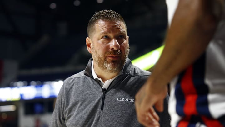 Nov 4, 2024; Oxford, Mississippi, USA; Mississippi Rebels head coach Chris Beard reacts during the first half against the Long Island Sharks at The Sandy and John Black Pavilion at Ole Miss. Mandatory Credit: Petre Thomas-Imagn Images