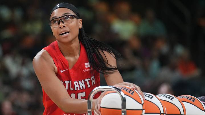 Atlanta Dream guard Allisha Gray gathers a ball during the WNBA All-Star Game 3-point contest at Footprint Center on Friday, July 19, 2024. Atlanta Dream guard Allisha Gray gathers a ball during the WNBA All-Star Game 3-point contest at Footprint Center on Friday, July 19, 2024.