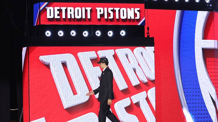 Jun 23, 2026; New York, NY, USA; The twenty first pick in the 2026 NBA draft, Mexican forward Karim Lopez after he was selected by the Detroit Pistons at Barclays Center. Mandatory Credit: Brad Penner-Imagn Images