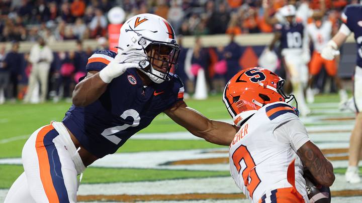 Oct 10, 2026; Charlottesville, Virginia, USA; Syracuse Orange wide receiver Umari Hatcher (2) catches a touchdown pass as Virginia Cavaliers defensive back Donavon Platt (2) defends during the first half at Scott Stadium. Mandatory Credit: Geoff Burke-Imagn Images Oct 10, 2026; Charlottesville, Virginia, USA; Syracuse Orange wide receiver Umari Hatcher (2) catches a touchdown pass as Virginia Cavaliers defensive back Donavon Platt (2) defends during the first half at Scott Stadium. Mandatory Credit: Geoff Burke-Imagn Images