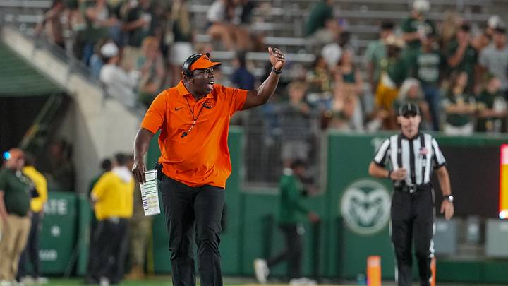 Oct 3, 2026; Fort Collins, Colorado, USA;  Oregon State Beavers head coach JaMarcus Shephard reacts on the sidelines in the second half against the Colorado State Rams at Sonny Lubick Field at Canvas Stadium.  Mandatory Credit: Andrew Rydland-Imagn Images