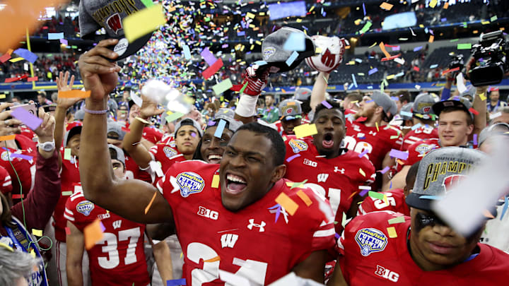 Jan 2, 2017; Arlington, TX, USA; Wisconsin Badgers safety Keelon Brookins (24) celebrates with teammates after the game against the Western Michigan Broncos in the 2017 Cotton Bowl at AT&T Stadium. Mandatory Credit: Kevin Jairaj-Imagn Images