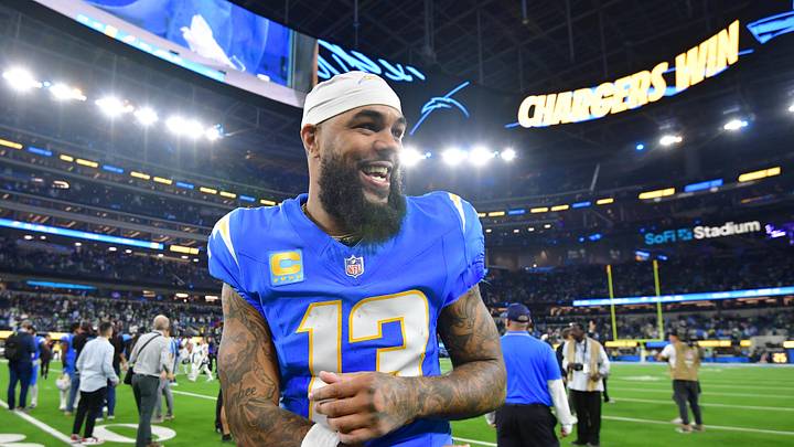 Dec 8, 2025; Inglewood, California, USA; Los Angeles Chargers wide receiver Keenan Allen (13) celebrates after defeating the Philadelphia Eagles at SoFi Stadium. Mandatory Credit: Gary A. Vasquez-Imagn Images