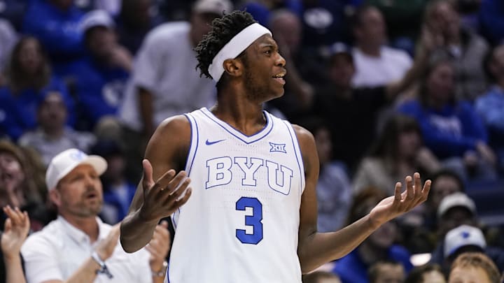 Feb 21, 2026; Provo, Utah, USA; BYU Cougars forward AJ Dybantsa (3) reacts during the first half against the Iowa State Cyclones at Marriott Center. Mandatory Credit: Aaron Baker-Imagn Images