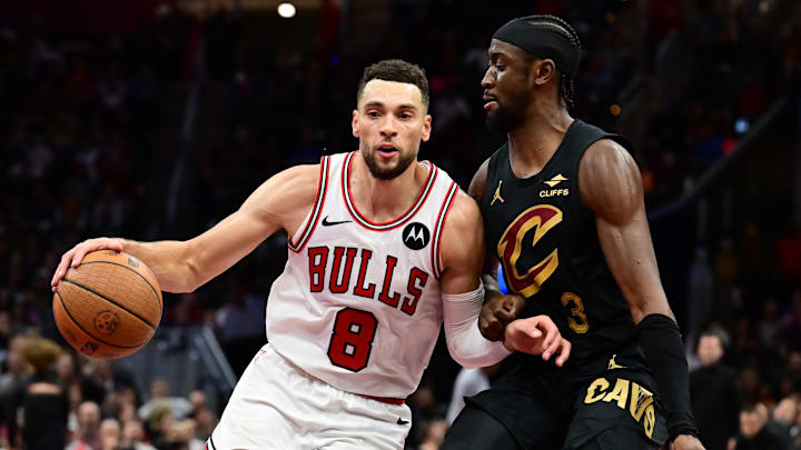 Nov 15, 2024; Cleveland, Ohio, USA; Chicago Bulls guard Zach LaVine (8) drives to the basket against Cleveland Cavaliers guard Caris LeVert (3) during the second half at Rocket Mortgage FieldHouse. Mandatory Credit: Ken Blaze-Imagn Images