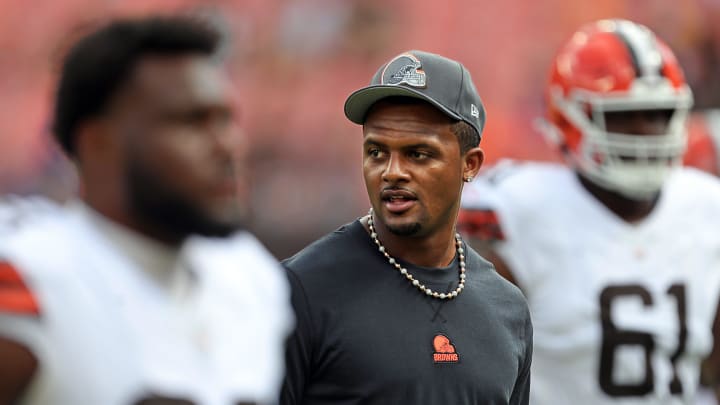 Cleveland Browns quarterback Deshaun Watson, center, walks back to the locker room before an NFL preseason football game against the Minnesota Vikings at Cleveland Browns Stadium, Saturday, Aug. 17, 2024, in Cleveland, Ohio. Cleveland Browns quarterback Deshaun Watson, center, walks back to the locker room before an NFL preseason football game against the Minnesota Vikings at Cleveland Browns Stadium, Saturday, Aug. 17, 2024, in Cleveland, Ohio.