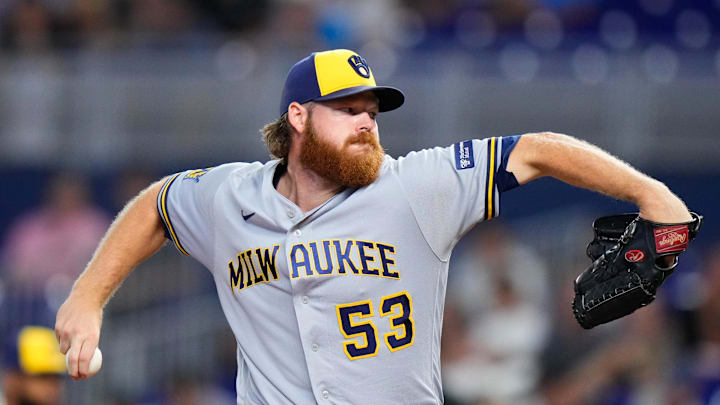 Milwaukee Brewers starting pitcher Brandon Woodruff (53) throws a pitch against the Miami Marlins during the first inning at loanDepot Park on Sept 23, 2023.