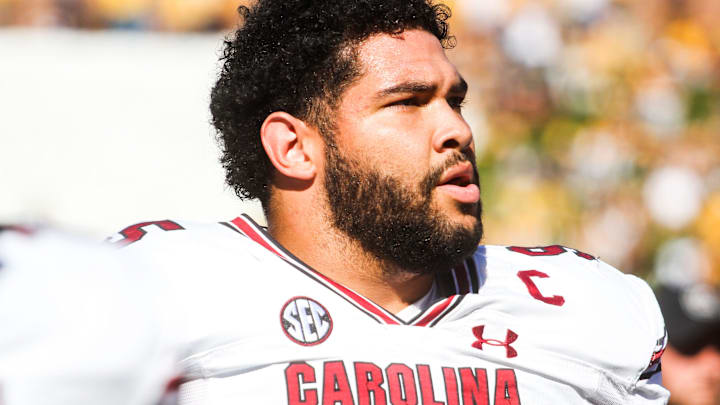 South Carolina defensive tackle Alex Huntley (95) looks on during a college football game against Missouri at Memorial Stadium on Oct. 21, 2023, in Columbia, Mo.