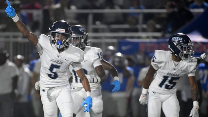 Dorman Cavaliers Jabez Thomas (5) celebrates after an interception Friday, Sept. 26, 2025 during SCHSL football game against the Byrnes Rebels at Byrnes High School in Duncan, South Carolina.