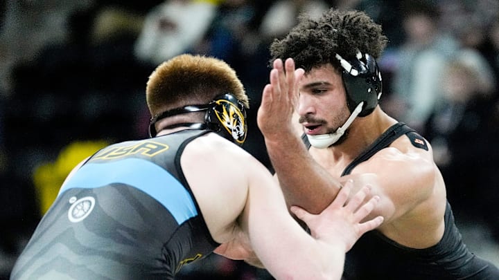 Iowa’s Stephen Buchanan wrestles Missouri’s Aeoden Sinclair in the 197-pound championship match during the Soldier Salute wrestling tournament finals on Monday, Dec. 30, 2024, at Xtream Arena in Coralville, Iowa.