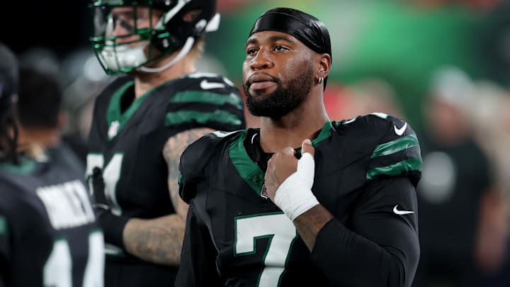 Oct 31, 2024; East Rutherford, New Jersey, USA; New York Jets defensive end Haason Reddick (7) on the sidelines during the first quarter against the Houston Texans at MetLife Stadium. Mandatory Credit: Brad Penner-Imagn Images