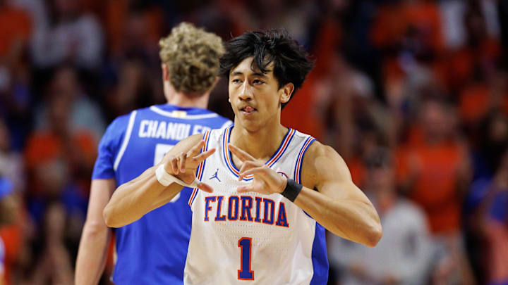 Feb 14, 2026; Gainesville, Florida, USA; Florida Gators guard Xaivian Lee (1) gestures after making a three point basket during the first half against the Kentucky Wildcats at Exactech Arena at the Stephen C. O'Connell Center. Mandatory Credit: Matt Pendleton-Imagn Images