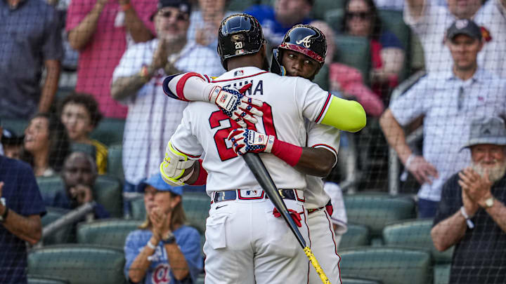 Oct 1, 2023; Cumberland, Georgia, USA; Atlanta Braves designated hitter Marcell Ozuna (20) gets a