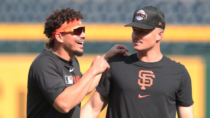 Aug 5, 2025; Pittsburgh, Pennsylvania, USA; San Francisco Giants shortstop Willy Adames (left) and third baseman Matt Chapman (right) laugh in the outfield before the game against the Pittsburgh Pirates at PNC Park. Mandatory Credit: Charles LeClaire-Imagn Images Aug 5, 2025; Pittsburgh, Pennsylvania, USA; San Francisco Giants shortstop Willy Adames (left) and third baseman Matt Chapman (right) laugh in the outfield before the game against the Pittsburgh Pirates at PNC Park. Mandatory Credit: Charles LeClaire-Imagn Images