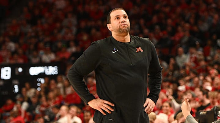 Feb 25, 2023; Lincoln, Nebraska, USA;  Minnesota Golden Gophers head coach Ben Johnson during the game against the Nebraska Cornhuskers in the second half at Pinnacle Bank Arena. Mandatory Credit: Steven Branscombe-Imagn Images