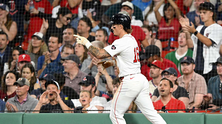Boston Red Sox outfielder Jarren Duran (16) reacts after scoring a run against the Philadelphia Phillies during the fifth inning at Fenway Park on June 13.