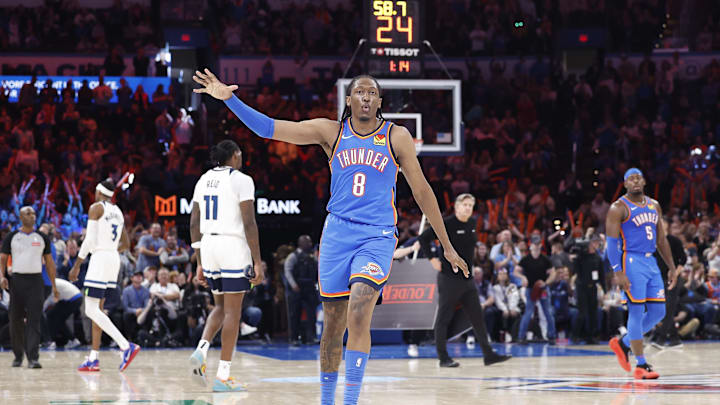 Dec 31, 2024; Oklahoma City, Oklahoma, USA; Oklahoma City Thunder forward Jalen Williams (8) gestures after scoring against the Minnesota Timberwolves during the second half at Paycom Center. Mandatory Credit: Alonzo Adams-Imagn Images Dec 31, 2024; Oklahoma City, Oklahoma, USA; Oklahoma City Thunder forward Jalen Williams (8) gestures after scoring against the Minnesota Timberwolves during the second half at Paycom Center. Mandatory Credit: Alonzo Adams-Imagn Images