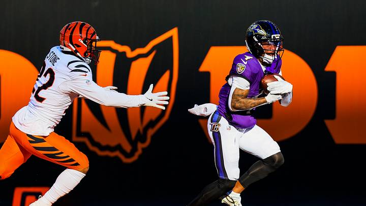 Dec 14, 2025; Cincinnati, Ohio, USA; Baltimore Ravens wide receiver Zay Flowers (4) catches a pass for a touchdown in the first half against Cincinnati Bengals safety Geno Stone (22) at Paycor Stadium. Mandatory Credit: Katie Stratman-Imagn Images Dec 14, 2025; Cincinnati, Ohio, USA; Baltimore Ravens wide receiver Zay Flowers (4) catches a pass for a touchdown in the first half against Cincinnati Bengals safety Geno Stone (22) at Paycor Stadium. Mandatory Credit: Katie Stratman-Imagn Images