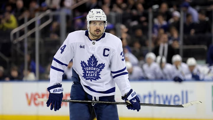 Mar 5, 2026; New York, New York, USA; Toronto Maple Leafs center Auston Matthews (34) skates against the New York Rangers during the third period at Madison Square Garden. Mandatory Credit: Brad Penner-Imagn Images