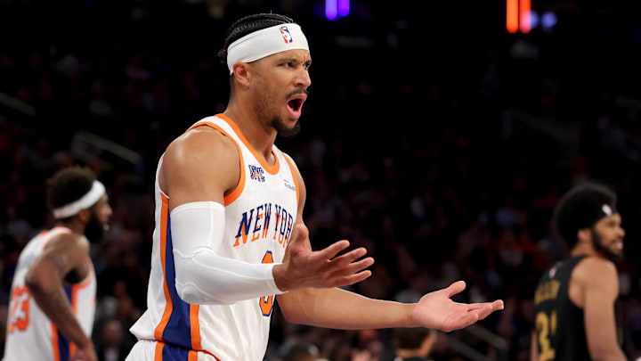 Apr 11, 2025; New York, New York, USA; New York Knicks guard Josh Hart (3) reacts after being called for a travel during the fourth quarter against the Cleveland Cavaliers at Madison Square Garden. Mandatory Credit: Brad Penner-Imagn Images Apr 11, 2025; New York, New York, USA; New York Knicks guard Josh Hart (3) reacts after being called for a travel during the fourth quarter against the Cleveland Cavaliers at Madison Square Garden. Mandatory Credit: Brad Penner-Imagn Images