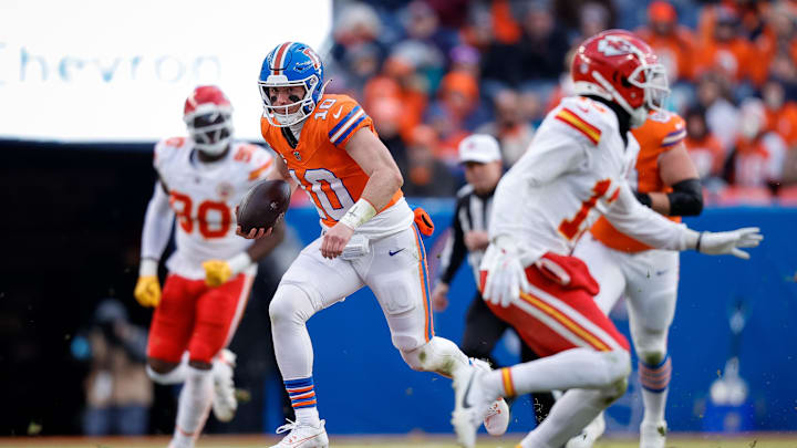 Jan 5, 2025; Denver, Colorado, USA; Denver Broncos quarterback Bo Nix (10) runs the ball in the second quarter against the Kansas City Chiefs at Empower Field at Mile High. Mandatory Credit: Isaiah J. Downing-Imagn Images Jan 5, 2025; Denver, Colorado, USA; Denver Broncos quarterback Bo Nix (10) runs the ball in the second quarter against the Kansas City Chiefs at Empower Field at Mile High. Mandatory Credit: Isaiah J. Downing-Imagn Images