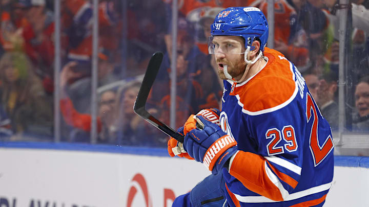 Mar 4, 2025; Edmonton, Alberta, CAN; Edmonton Oilers forward Leon Draisaitl (29) celebrates after scoring a goal during the first period against the Anaheim Ducks at Rogers Place. Mandatory Credit: Perry Nelson-Imagn Images