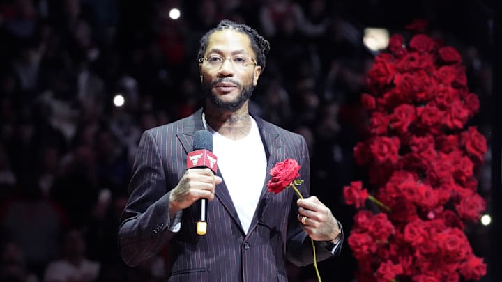 Jan 4, 2025; Chicago, Illinois, USA; Chicago Bulls and New York Knicks former player Derrick Rose speaks as he is honored at halftime of a game between the Chicago Bulls and the New York Knicks at United Center. Mandatory Credit: David Banks-Imagn Images